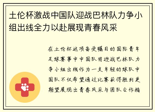 土伦杯激战中国队迎战巴林队力争小组出线全力以赴展现青春风采